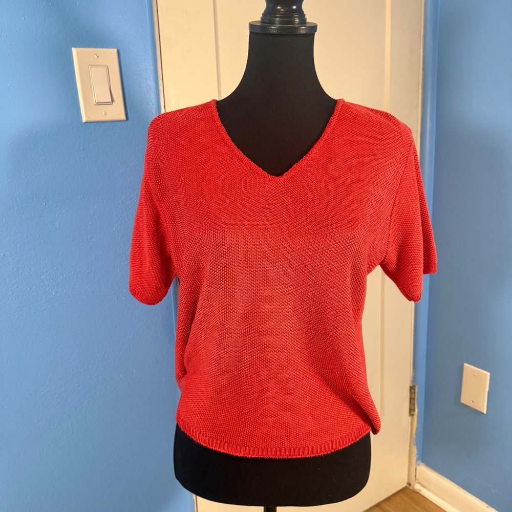 Sharon Anthony Womens Red Open Knit V-Neck Short Sleeve Rayon Top Large